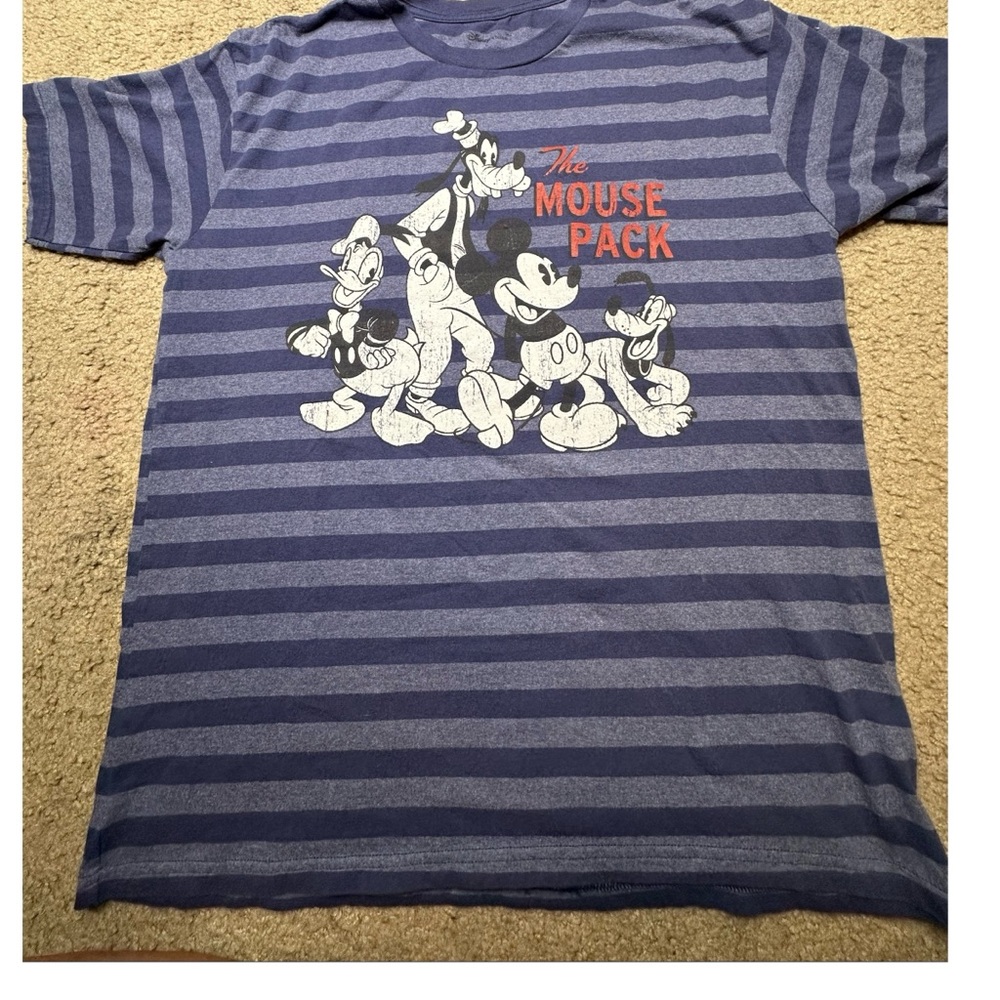 DISNEY Tee SHIRT “THE MOUSE PACK” Favorite 4 CHARACTERS -STRIPED BLUES LARGE